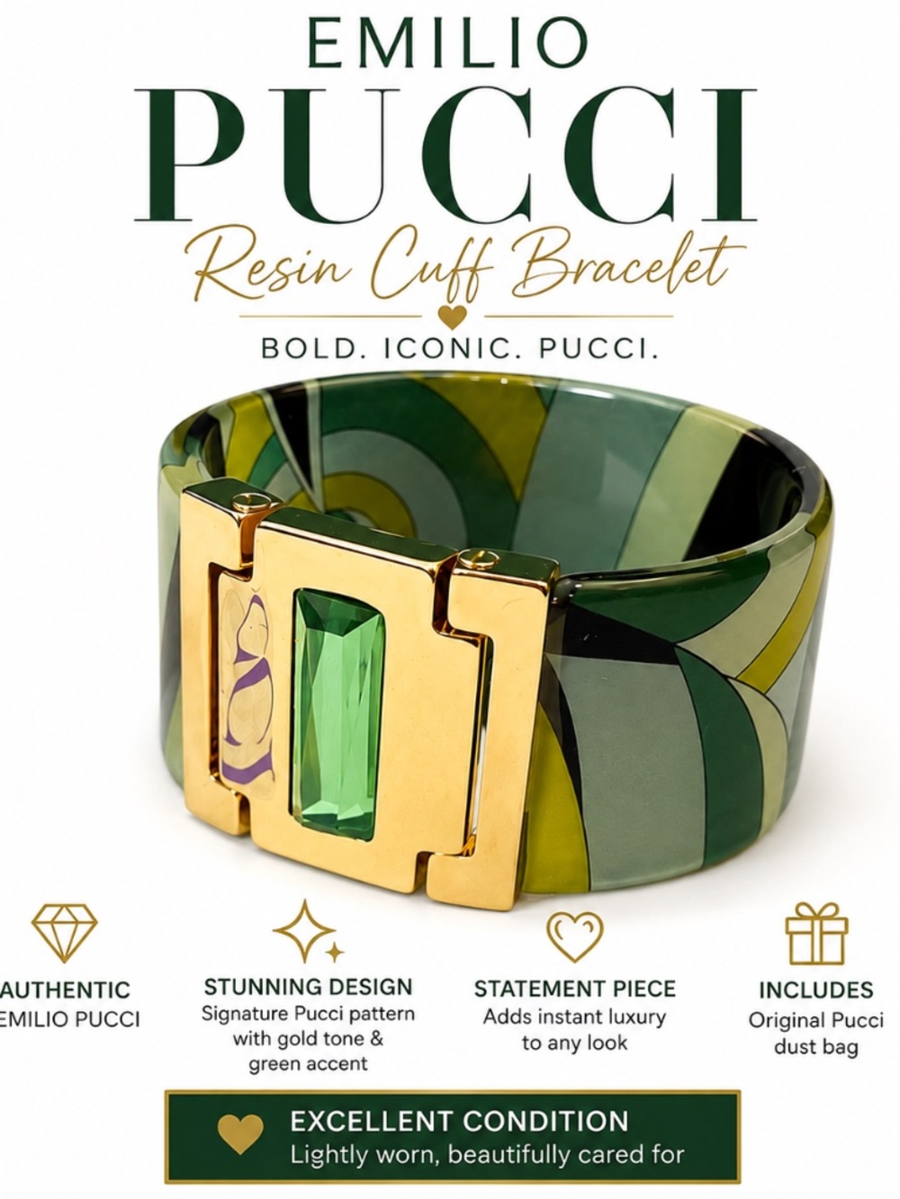 Emilio Pucci retro green and black resin cuff - Picture 2 of 14